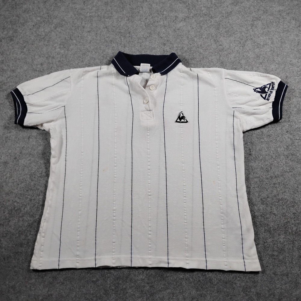Le Coq Sportif Polo Shirt Men's Medium White Vertical Pinstripe Vintage 90s USA